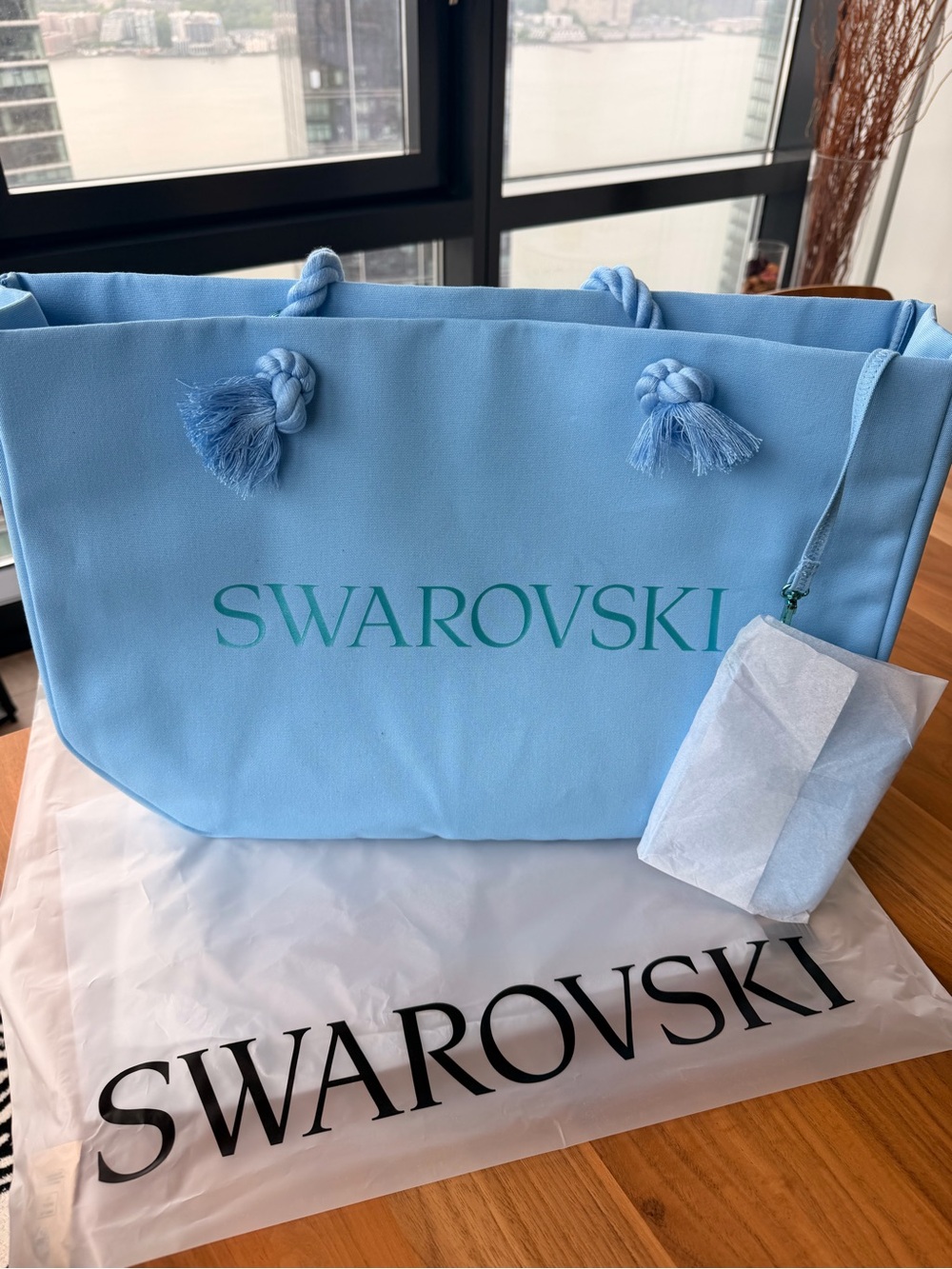 Swarovski Powder Blue Logo Tote with Rope Tassels